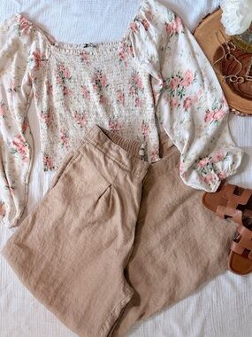 American Eagle Floral Smocked Peasant Top Medium Cottagecore Puff Sleeve